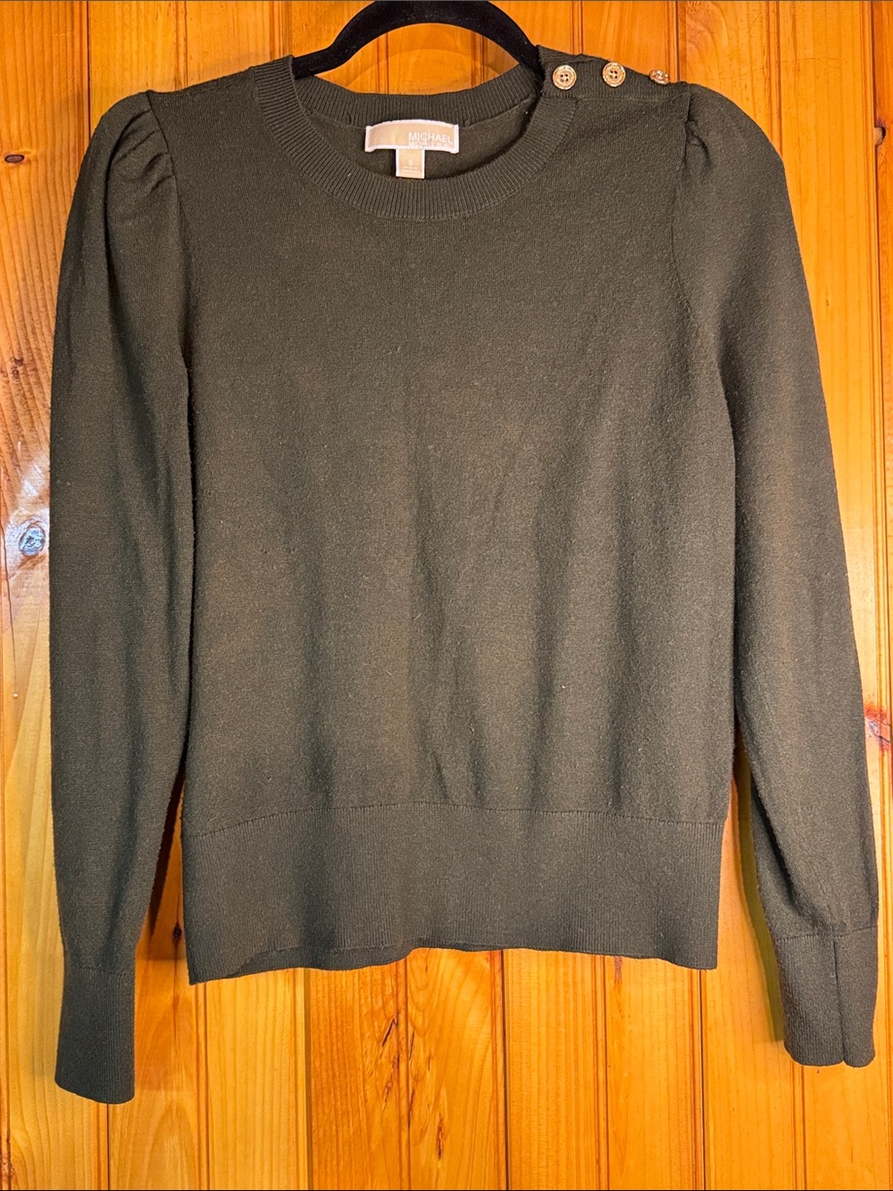 Michael Kors Olive Green Crewneck Sweater with Shoulder Buttons
